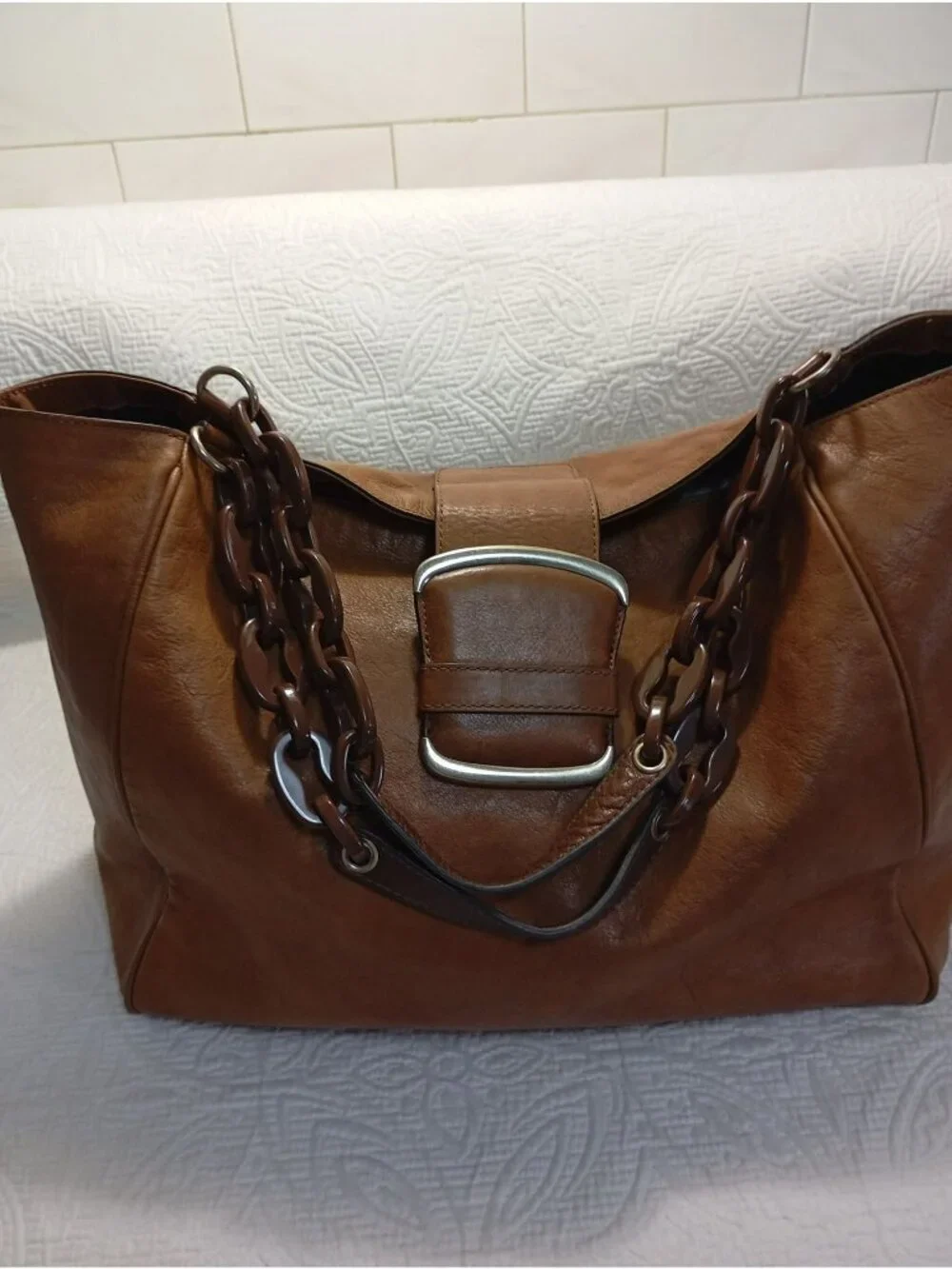 Banana Republic Brown Leather Chain Strap Tote Handbag Silver  Stylish Functiona